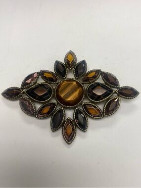 Vintage-LC  Brown and Amber Glass Stone Brooch